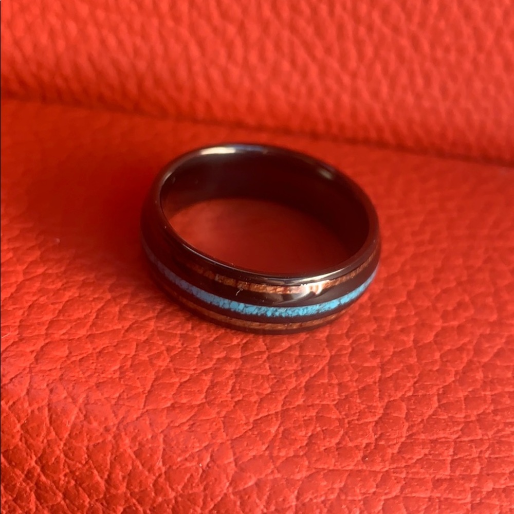 8mm Wood & Crushed Turquoise Tungsten Wedding band - Picture 3 of 12